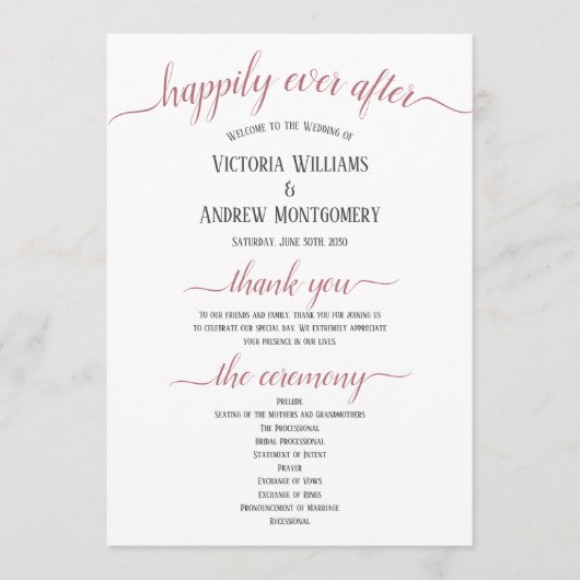 Moderne Roze Gouden Script Minimale Trouwceremonie Programmakaart (Voorkant)
