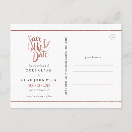 Moderne Roze Gouden Script Sla de Datum Postkaart Aankondigingskaart (Achterkant)