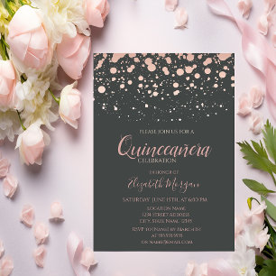 Moderne roze gouden stippen, grijze Quinceanera Kaart