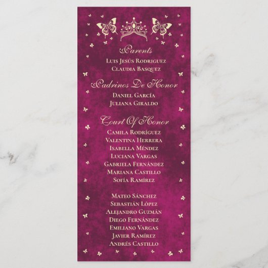 Moderne Roze Gouden Tiara Vlinder 15e Quinceañera Programmakaart (Achterkant)