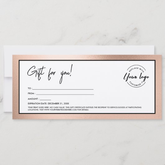 Moderne Roze Gouden Voeg Logo Cadeaubon Kaart (Voorkant)