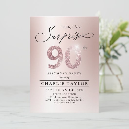 Moderne roze gouden volwassensurprise 90e verjaard kaart (Staand voorkant)