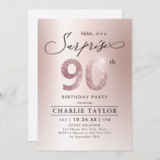 Moderne roze gouden volwassensurprise 90e verjaard kaart (Voorkant / Achterkant)
