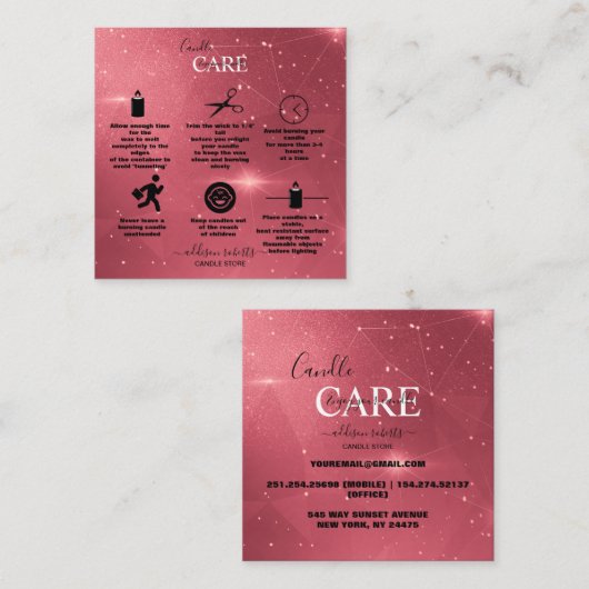 Moderne roze gouden Waterverf Kandle Care Square B Vierkante Visitekaartje (Voorkant / Achterkant)