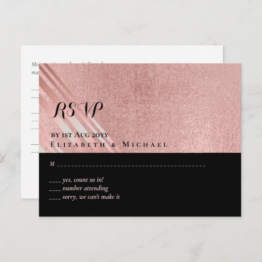 Moderne roze gouden zwarte bruiloft briefkaart (Voorkant / Achterkant)