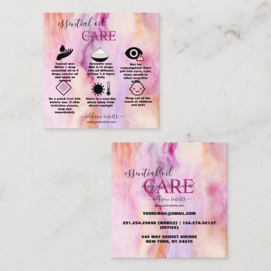 Moderne roze goudWaterverf Essentiële oliezorg Vierkante Visitekaartje (Voorkant / Achterkant)