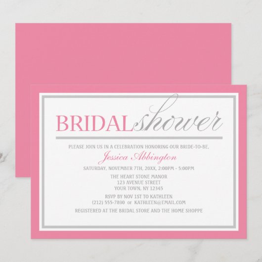 Moderne Roze & Grijze Bruidsdouche Uitnodigingen (Voorkant / Achterkant)