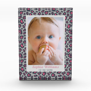 Moderne Roze Grijze Luipaardprint Babyfoto Fotoblokken