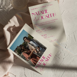 Moderne roze grillige Franse retro foto bruiloft Kaart