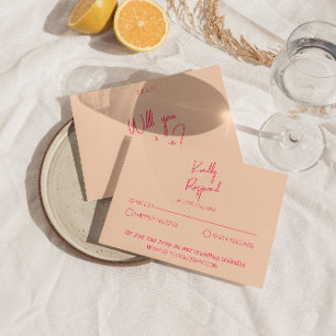 Moderne roze grillige retro leuk funky bruiloft RSVP kaartje