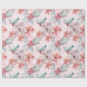 Moderne Roze Groene Aquarel Poinsettia Patroon Cadeaupapier