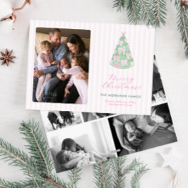 Moderne Roze Groene Aquarel Strikken Kerst Foto Feestdagenkaart