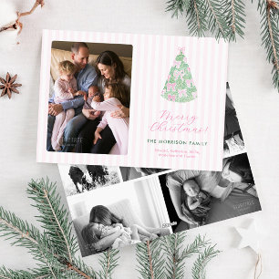 Moderne Roze Groene Aquarel Strikken Kerst Foto Feestdagenkaart
