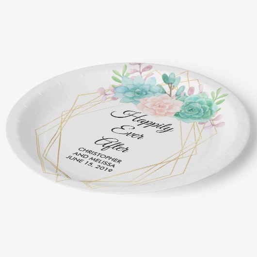 Moderne Roze & Groene Aquarel Succulenten Bruiloft Papieren Bordje (Gekanteld)