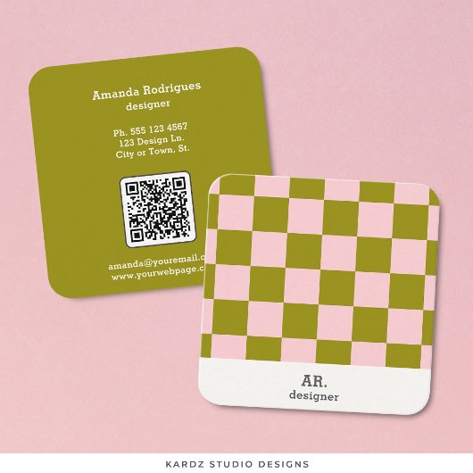Moderne Roze Groene Controles Qr Code Vierkante Visitekaartje