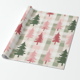 Moderne Roze & Groene Dennenboom Gestreepte Kerst Cadeaupapier