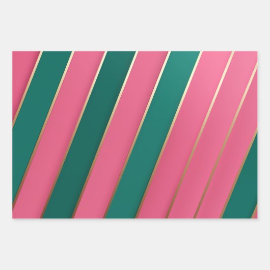 Moderne Roze & Groene en Gouden Strepen Inpakpapier Vel (Voorkant)