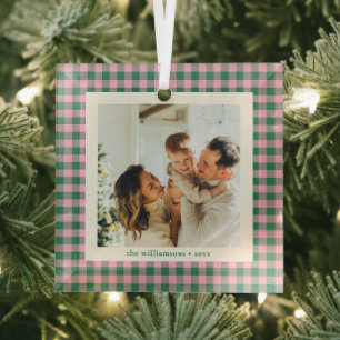 Moderne Roze Groene Familie Foto Kerstdinges Glas Ornament