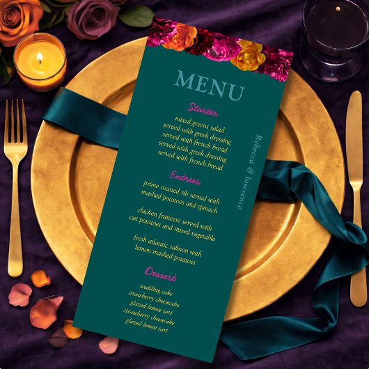 Moderne roze groene gele bloemmotief menu