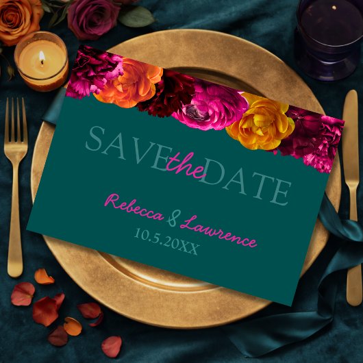 Moderne roze groene gele bloemmotief save the date