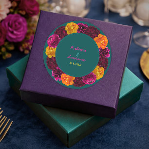 Moderne roze groene gele bloemmotieven ronde sticker