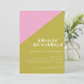 Moderne roze groene geometrische all-in-one bruilo kaart (Staand voorkant)