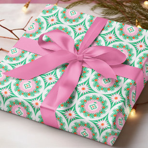 Moderne Roze Groene Kerstkrans Geometrisch Cadeaupapier