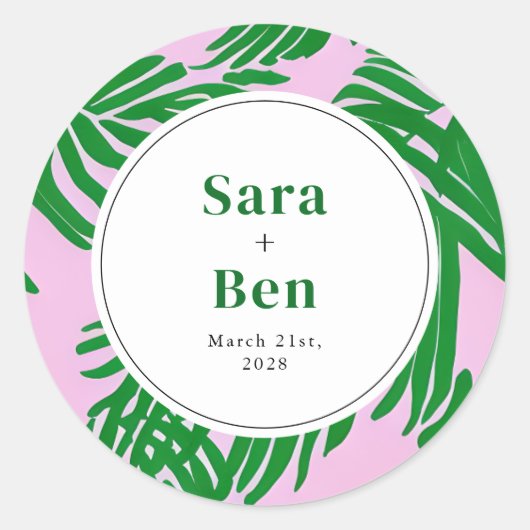 Moderne Roze + Groene Palmboom Bruiloft Ronde Sticker (Voorkant)