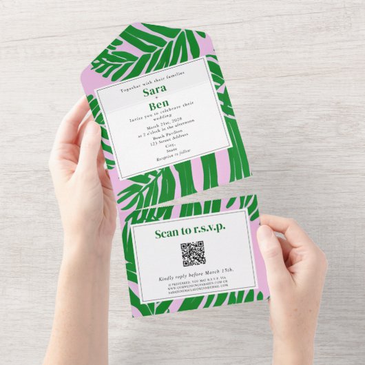 Moderne roze + groene strand bruiloft QR-code RSVP All In One Uitnodiging (Afscheurbaar)