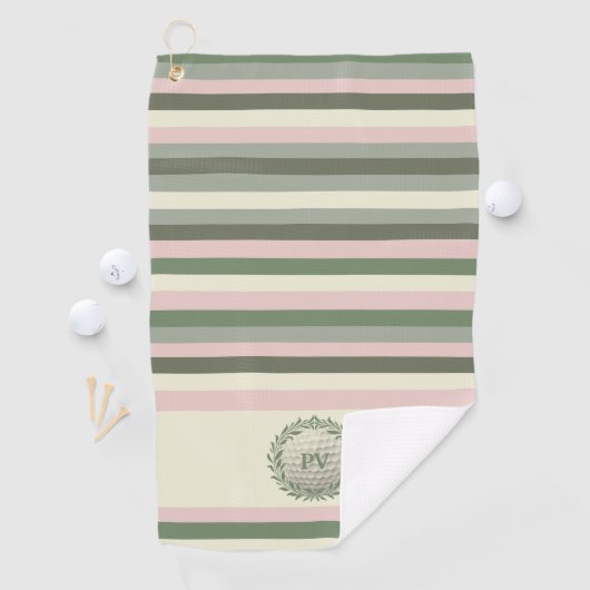 Moderne Roze Groene Streep Monogrammed Golfhanddoek (Insitu)