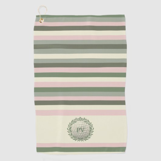 Moderne Roze Groene Streep Monogrammed Golfhanddoek (Voorkant)