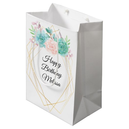 Moderne Roze & Groene Waterverf Succulenten Verjaa Medium Cadeauzakje (Voorkant Gekanteld)