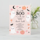 Moderne Roze Halloween Little Boo Baby Shower Kaart (Staand voorkant)