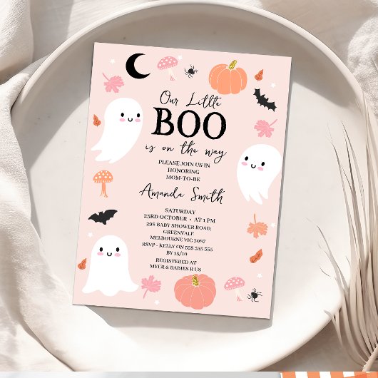 Moderne Roze Halloween Little Boo Baby Shower Kaart