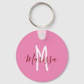 Moderne roze handgeschreven naam & monogram sleutelhanger (Voorkant)