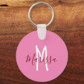 Moderne roze handgeschreven naam & monogram sleutelhanger (Voorkant)