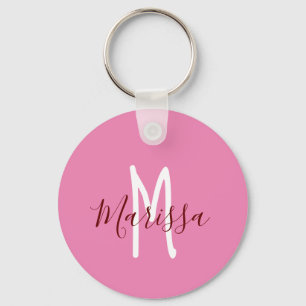 Moderne roze handmatige naam & monogram sleutelhanger