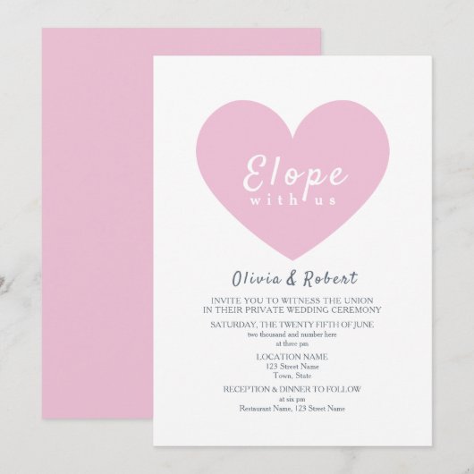 Moderne Roze Hart Elopement Bruiloft Kaart (Voorkant / Achterkant)