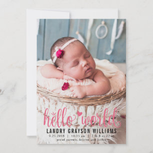 Moderne Roze Hello World Foto Geboorte Stat Aankondiging