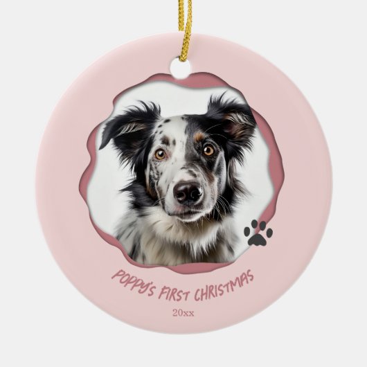 Moderne Roze Hond Eerste Kerstdag Keramisch Ornament (Voorkant)