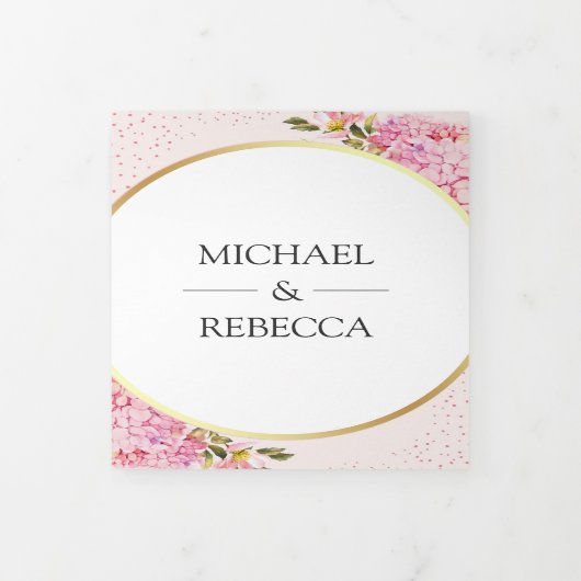 Moderne Roze Hydrangea Bloemen Fotocollage Huwelij Drieluik Uitnodiging (Cover)