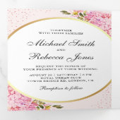 Moderne Roze Hydrangea Bloemen Fotocollage Huwelij Drieluik Uitnodiging (Binnenzijde eerst)