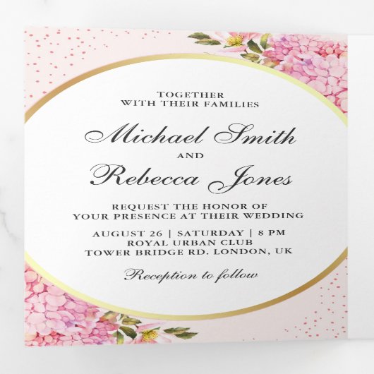 Moderne Roze Hydrangea Bloemen Fotocollage Huwelij Drieluik Uitnodiging (Binnenzijde eerst)