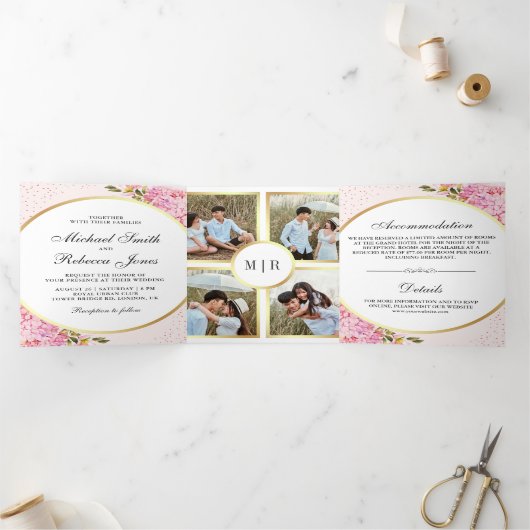 Moderne Roze Hydrangea Bloemen Fotocollage Huwelij Drieluik Uitnodiging (Binnen)