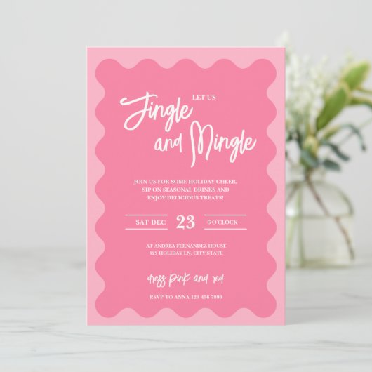 Moderne Roze Jingle Holiday Party Uitnodiging (Staand voorkant)