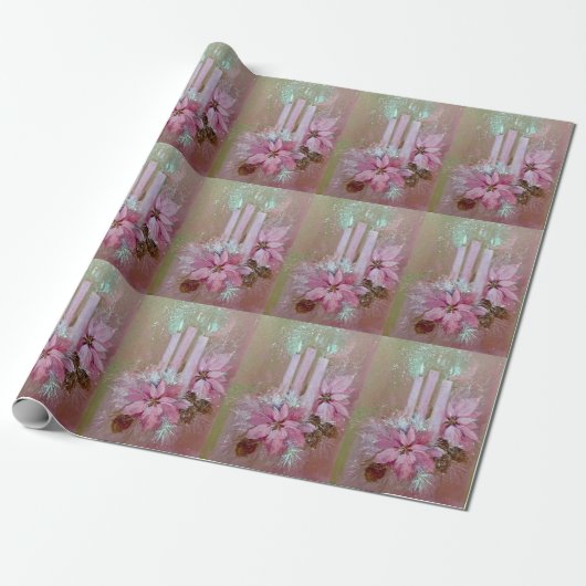 Moderne roze kaarsen en poinsettia cadeaupapier (Uitgerold)