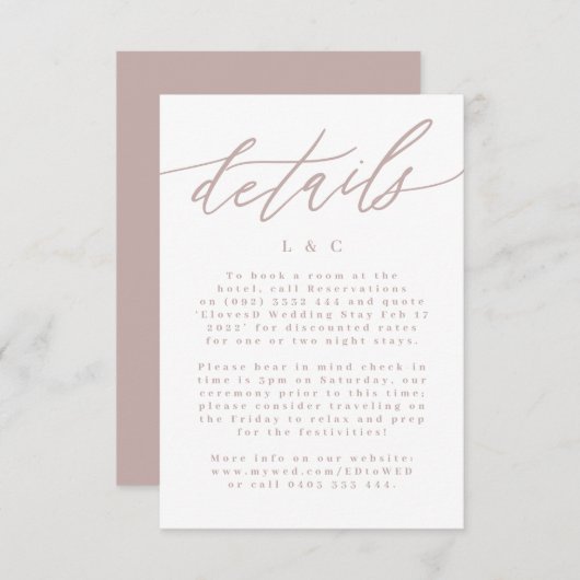Moderne roze kalligrafie bruiloft details RSVP kaartje (Voorkant / Achterkant)