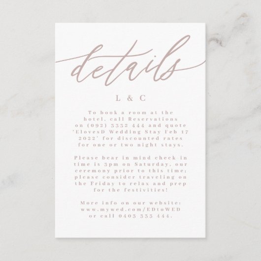 Moderne roze kalligrafie bruiloft details RSVP kaartje (Voorkant)