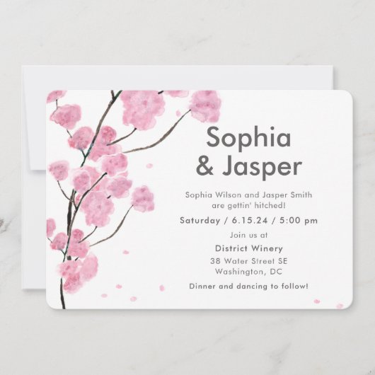 Moderne roze kersenbloesem bruiloft uitnodiging (Voorkant)