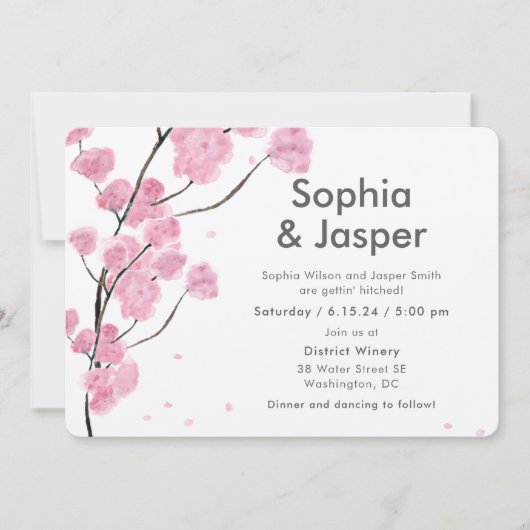 Moderne roze kersenbloesem bruiloft uitnodiging (Voorkant)